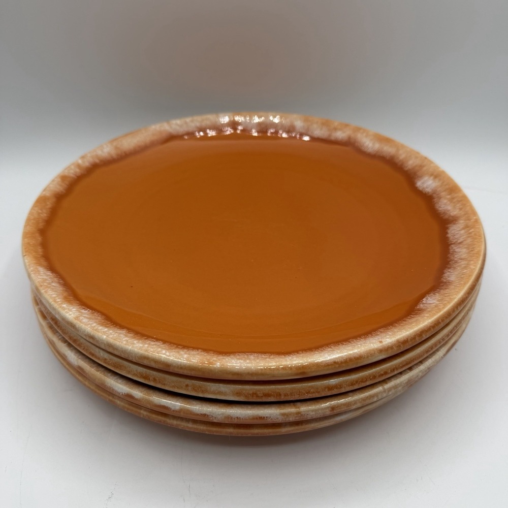 Set of 4 Vintage Hull Tangerine Orange Drip Glaze Dinner Plates 10.5" Round USA‎